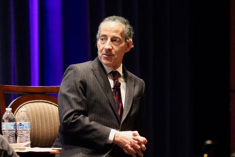 Rep. Jamie Raskin listens to Ron Collins during their conversation on Thomas Paine. Paine lived in Lewes, England, from 1768-74.